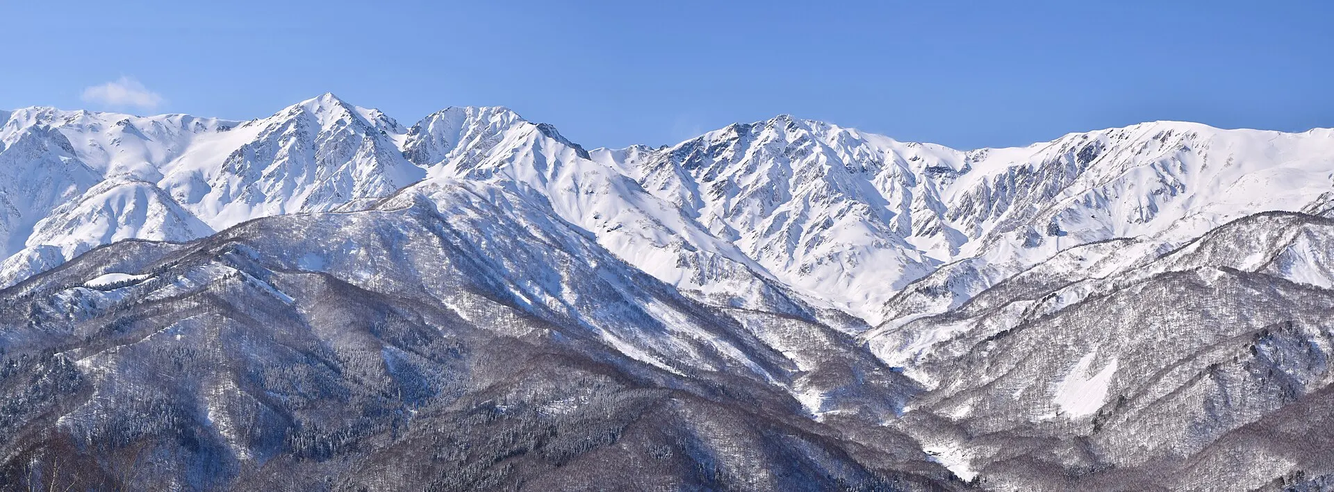 青空の下に連なる雪の白馬の山々