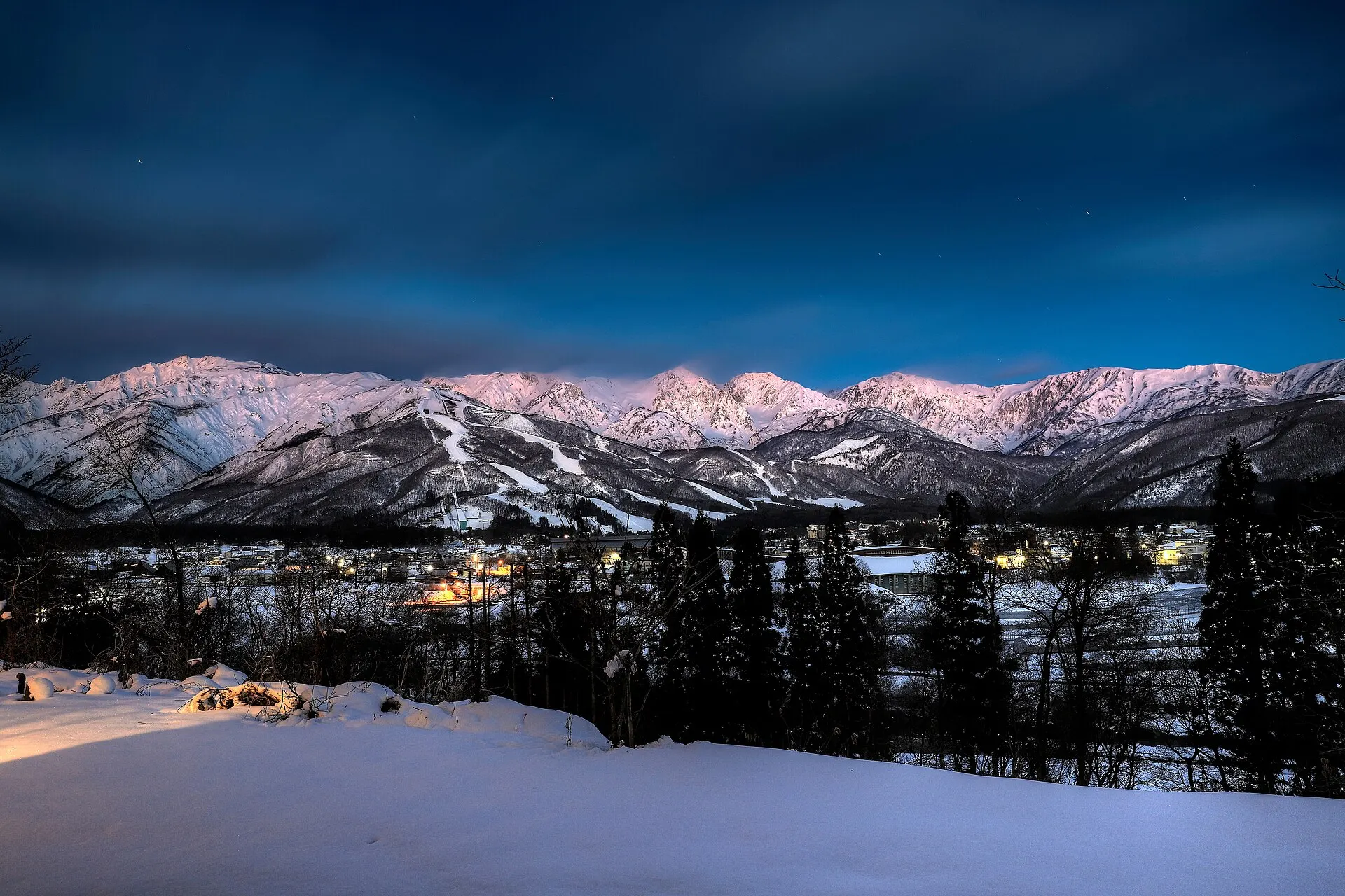 夜明け前の雪山と森