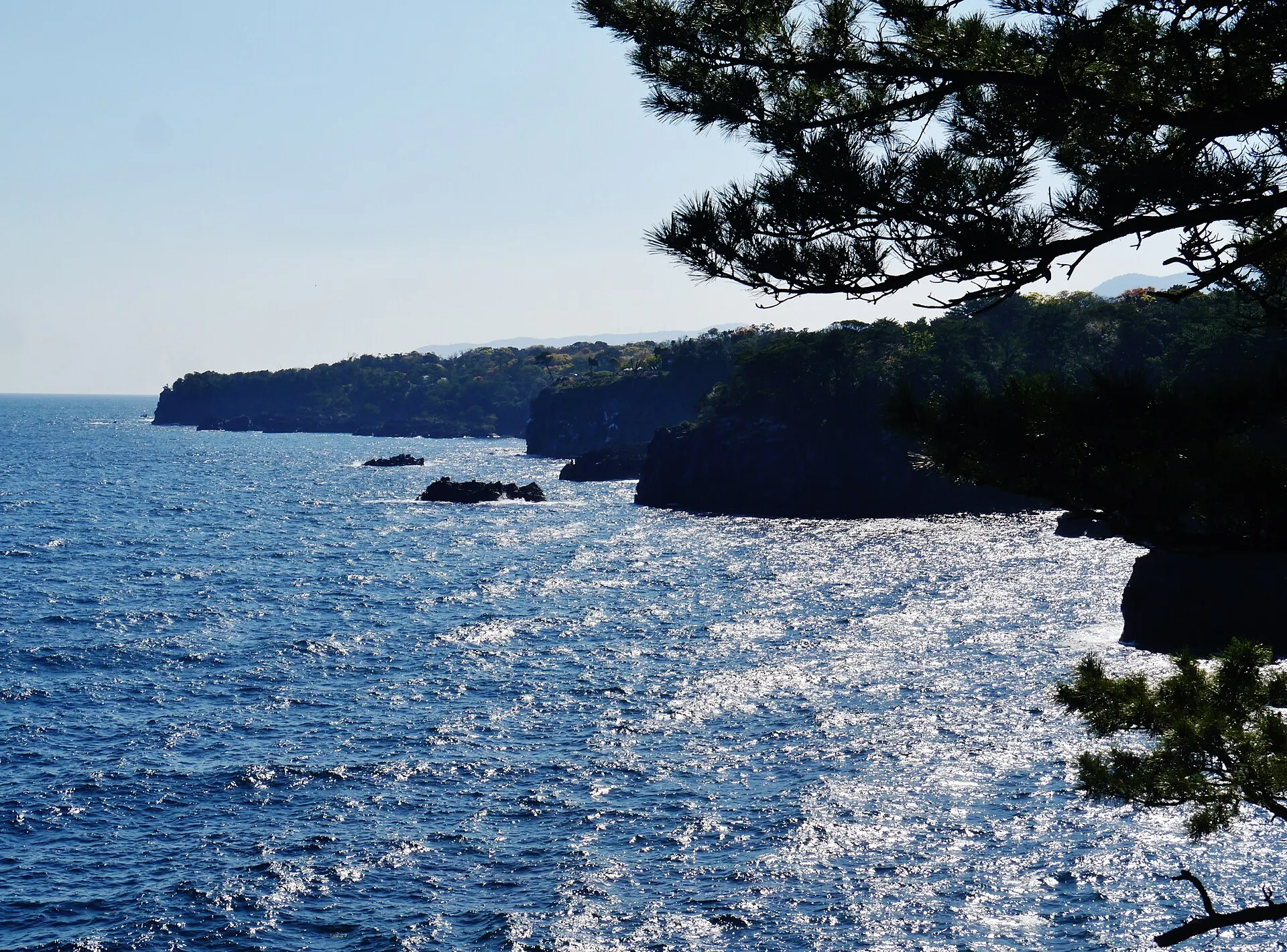 陽光にきらめく海と城ヶ崎の岩場