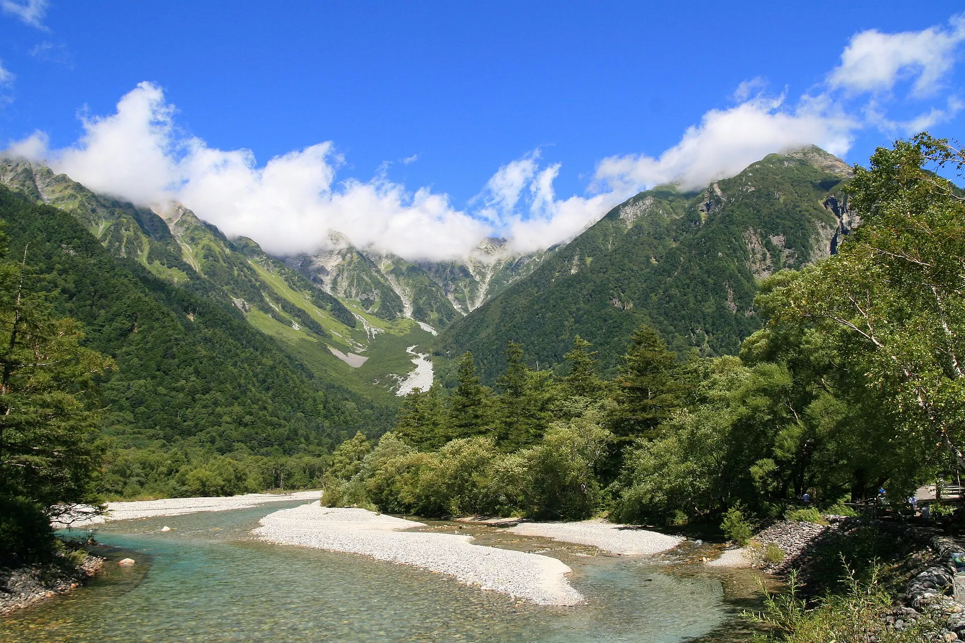 晴れた日の梓川と穂高連峰