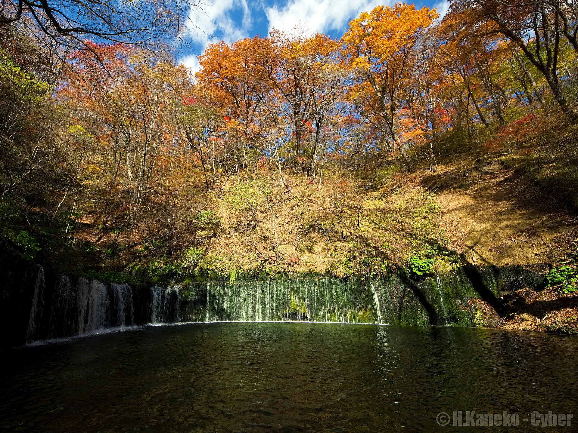 紅葉に囲まれた白糸の滝