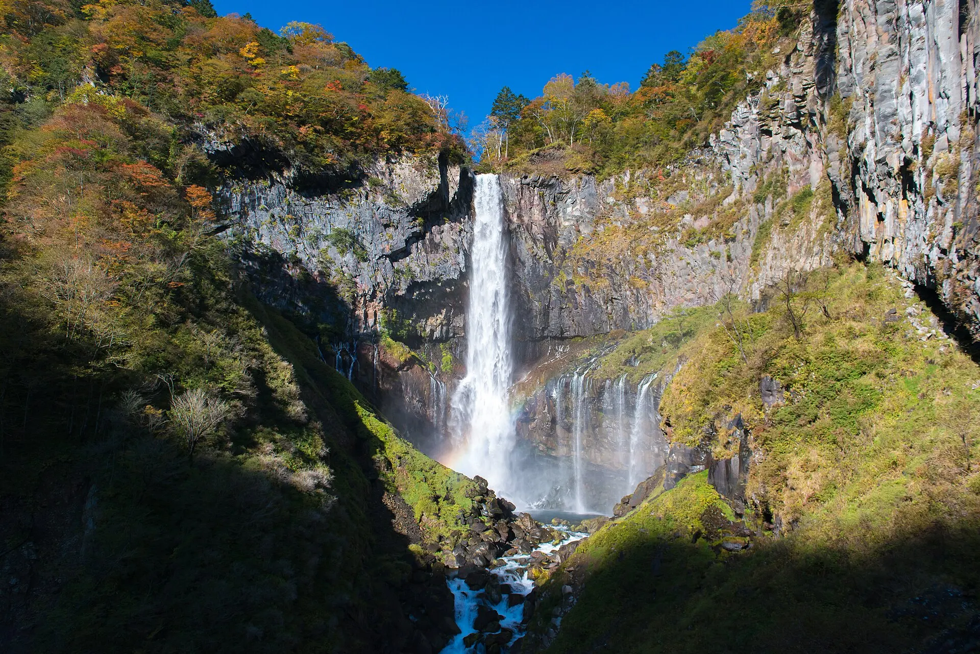紅葉した断崖と華厳滝